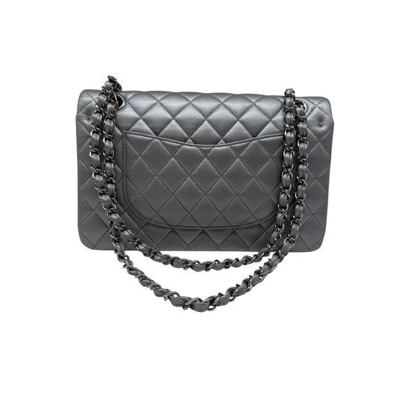 Chanel Leather Quilted Classic Double Flap CC Logo Medium Crossbody Bag Silver - Picture 5 of 16